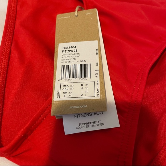Adidas swimwear red and white 3 stripe bikini top and bottom set NWT - Picture 5 of 8